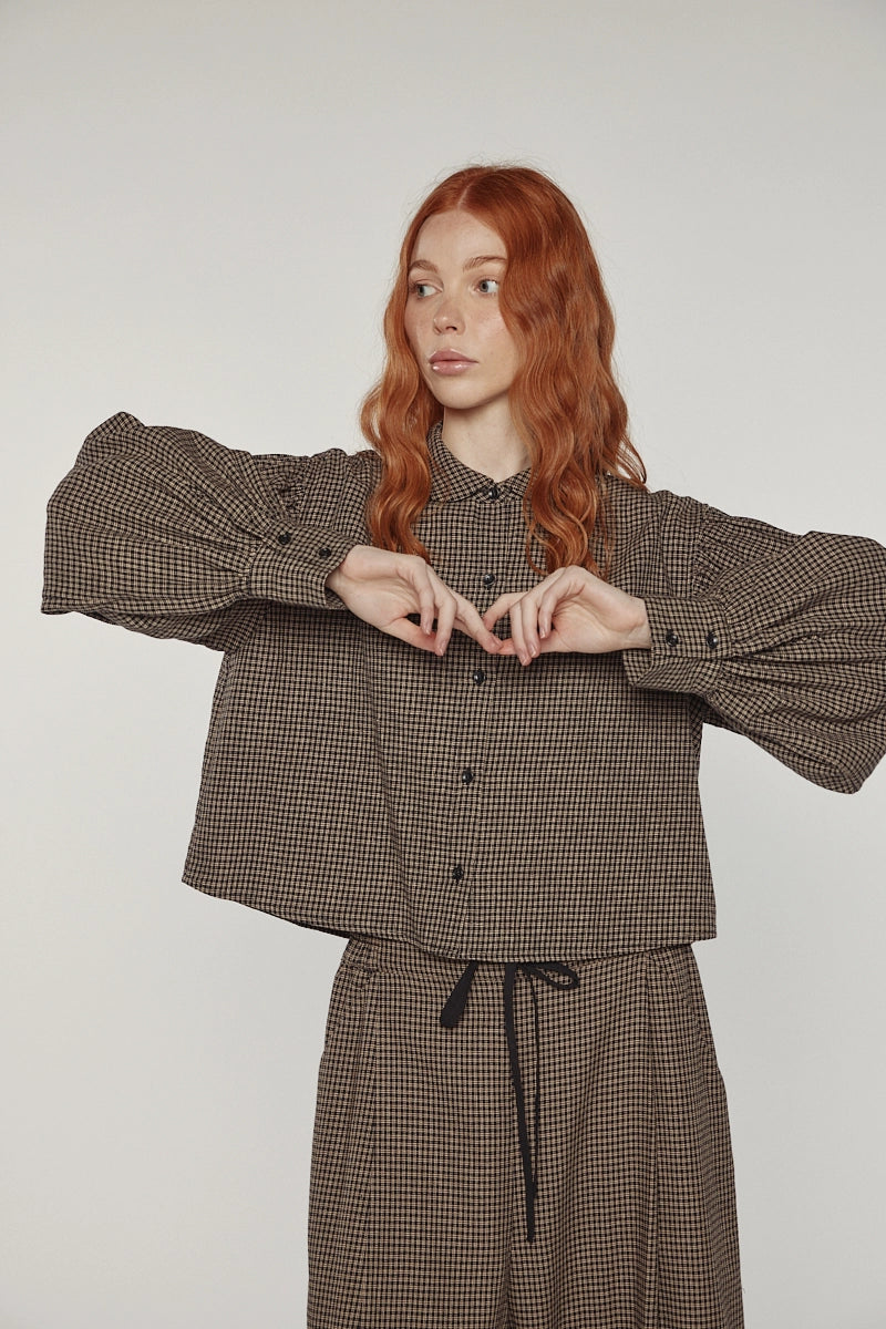 Checkered Volume Sleeve Blouse