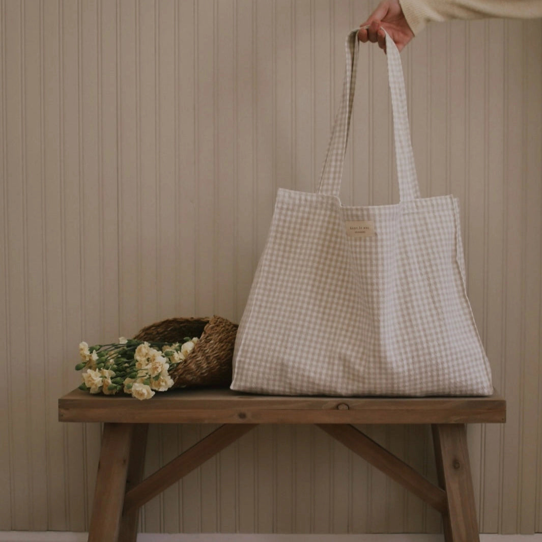 Organic Cotton Gingham Tote - Beige