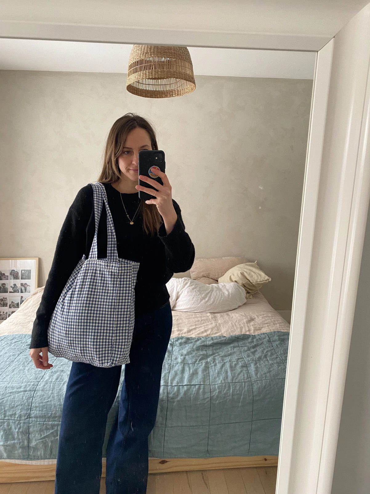 Organic Cotton Gingham Tote - Navy