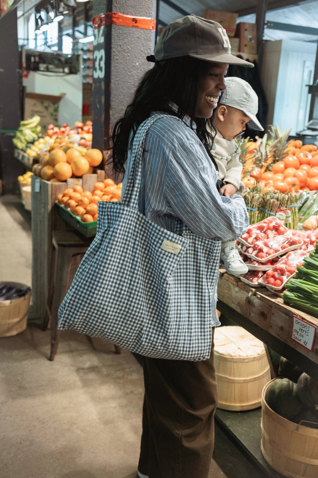 Organic Cotton Gingham Tote - Navy