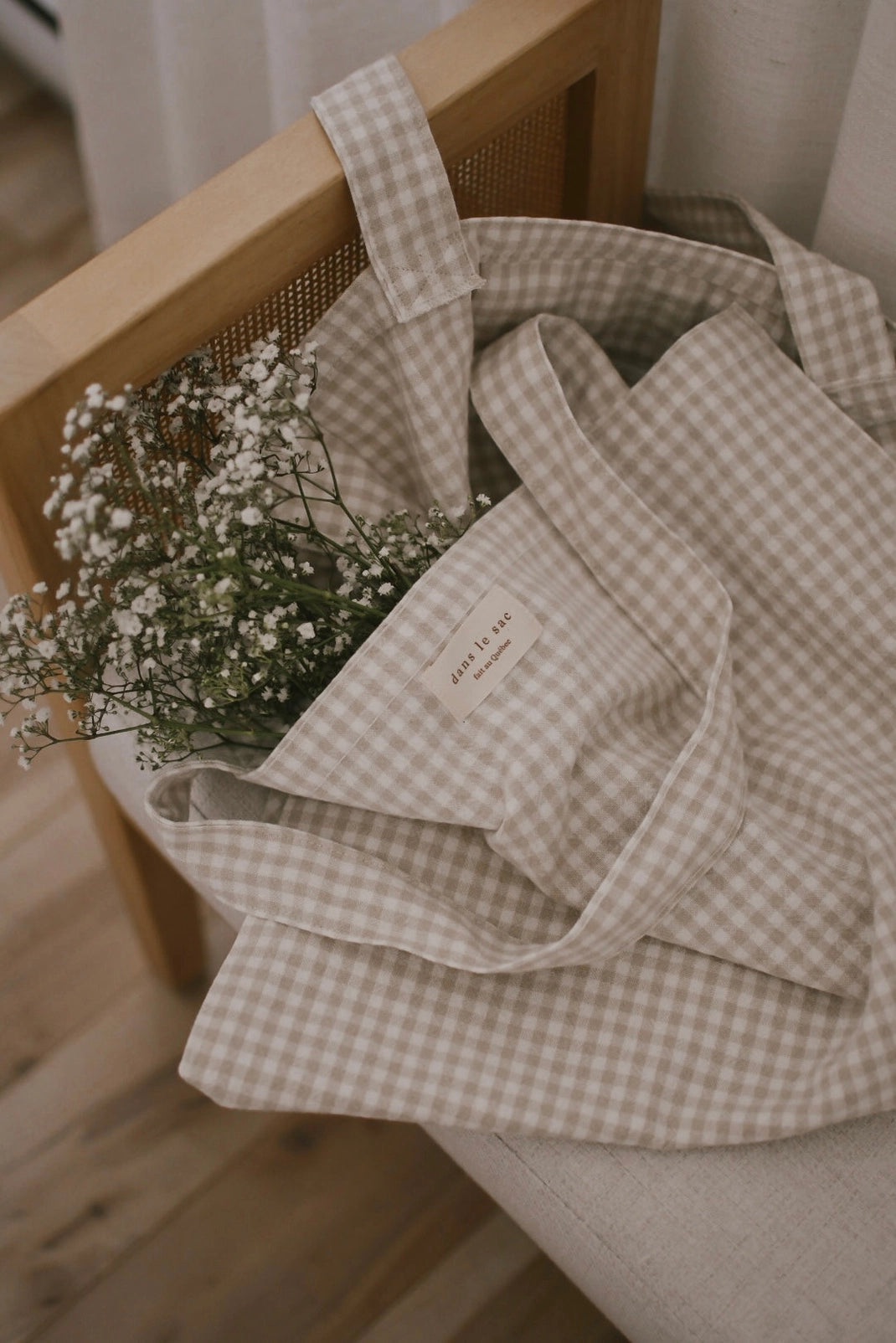 Organic Cotton Gingham Tote - Beige