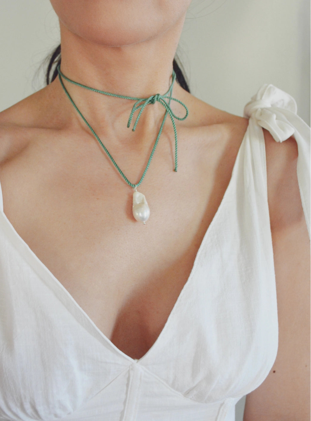 Rope Pearl Necklace - Sage Green