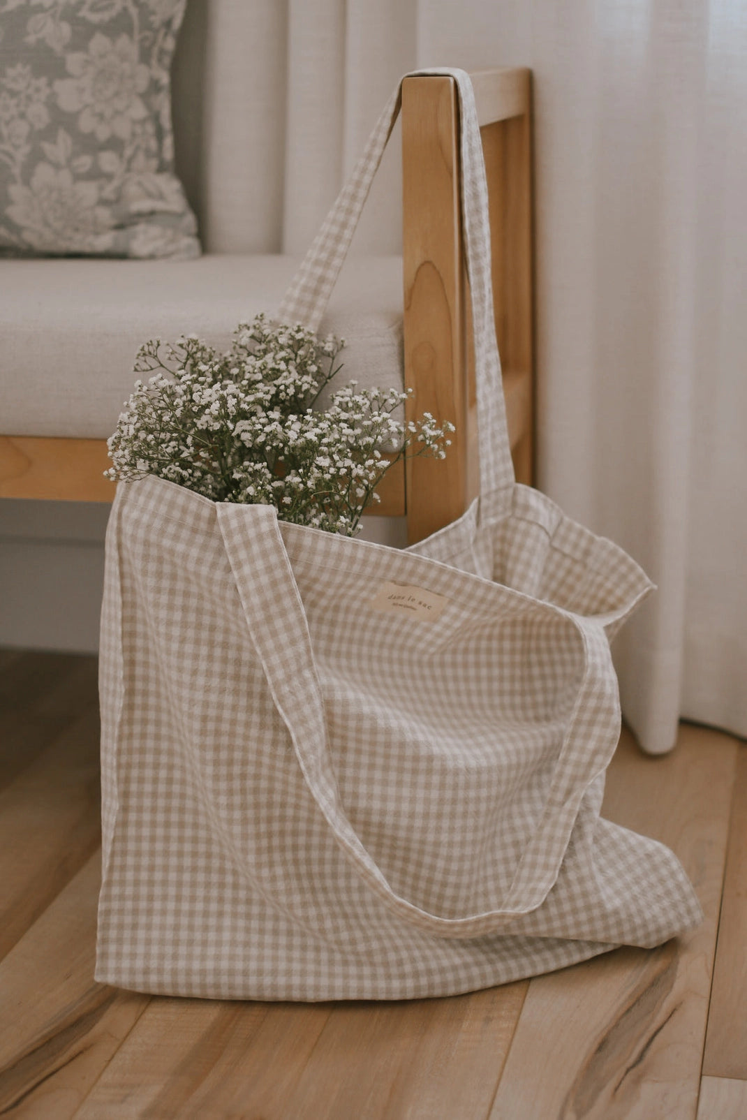 Organic Cotton Gingham Tote - Beige