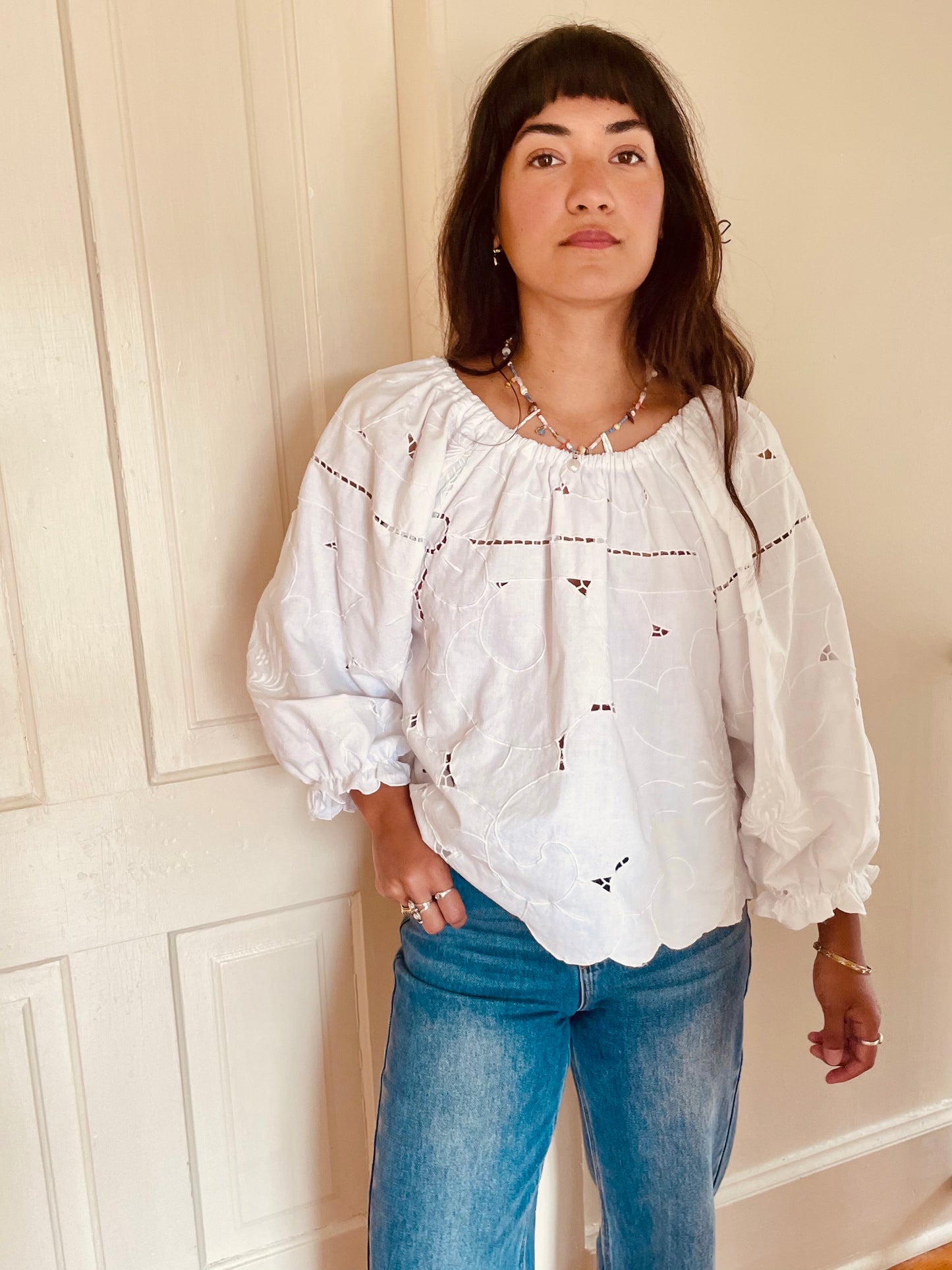 Linen Patchwork Top - Cutwork White