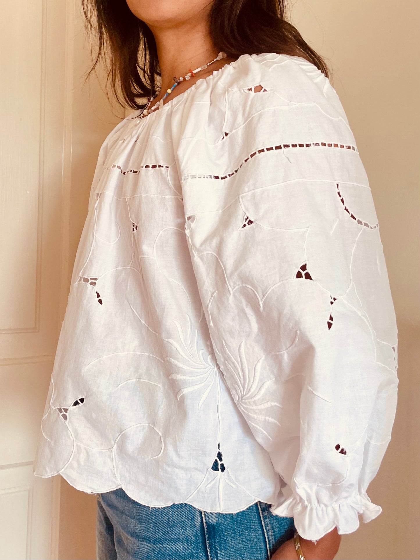 Linen Patchwork Top - Cutwork White