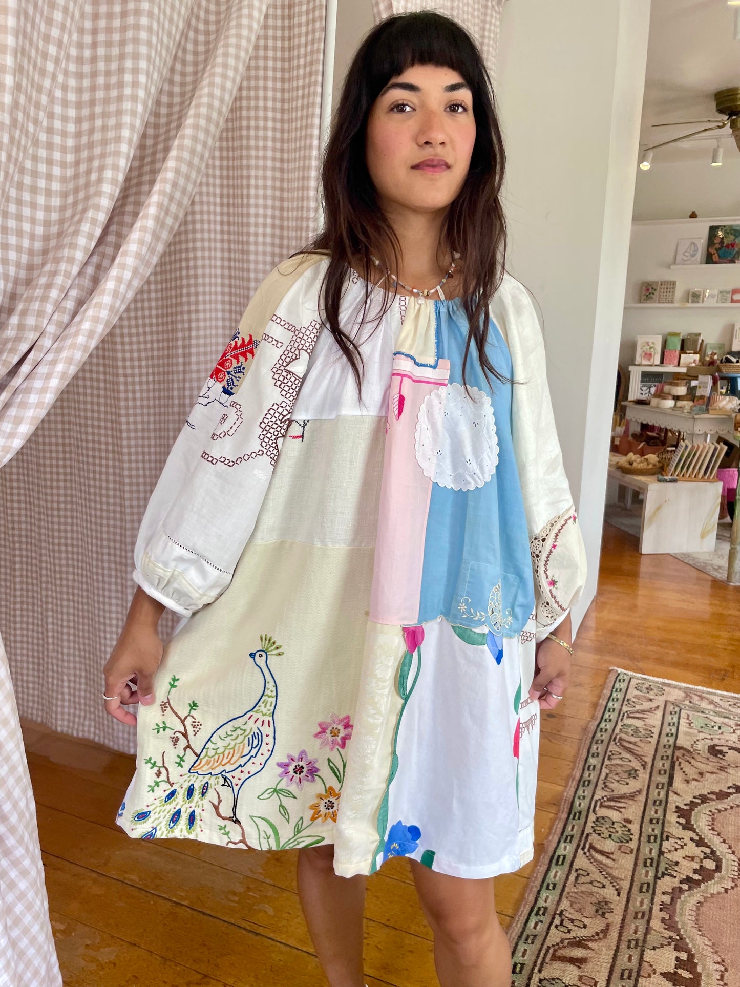 Linen Patchwork Dress - Peacock