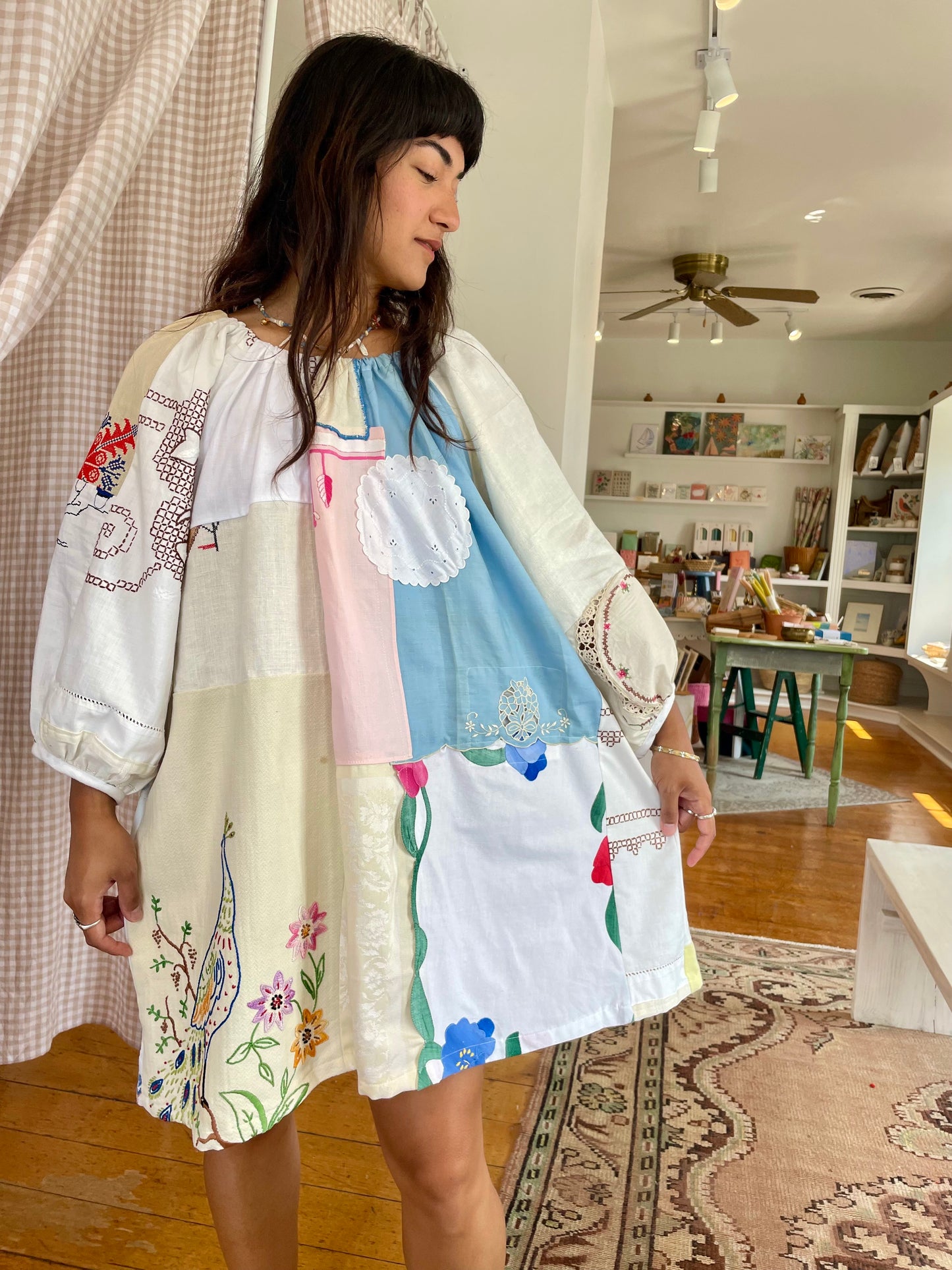 Linen Patchwork Dress - Peacock