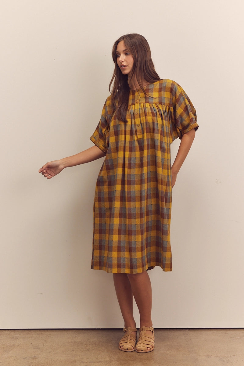 Shirred Sleeve Plaid Dress