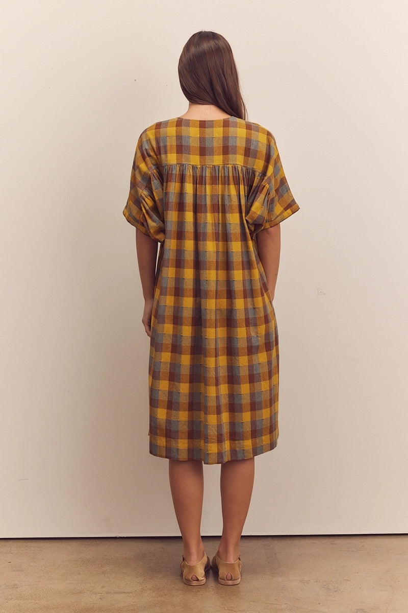 Shirred Sleeve Plaid Dress