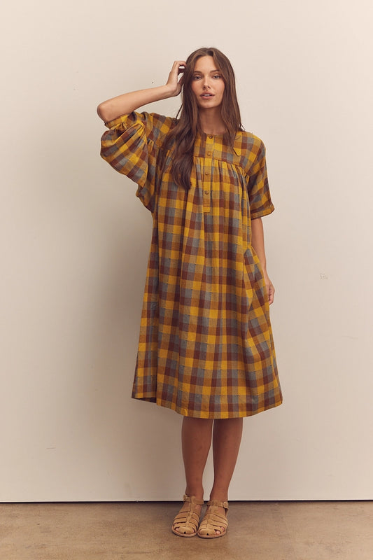 Shirred Sleeve Plaid Dress