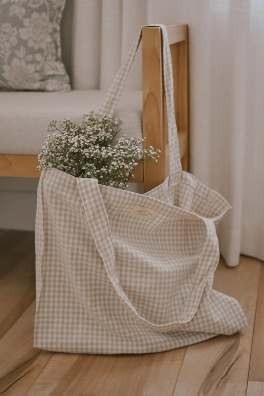 Organic Cotton Gingham Tote - Beige
