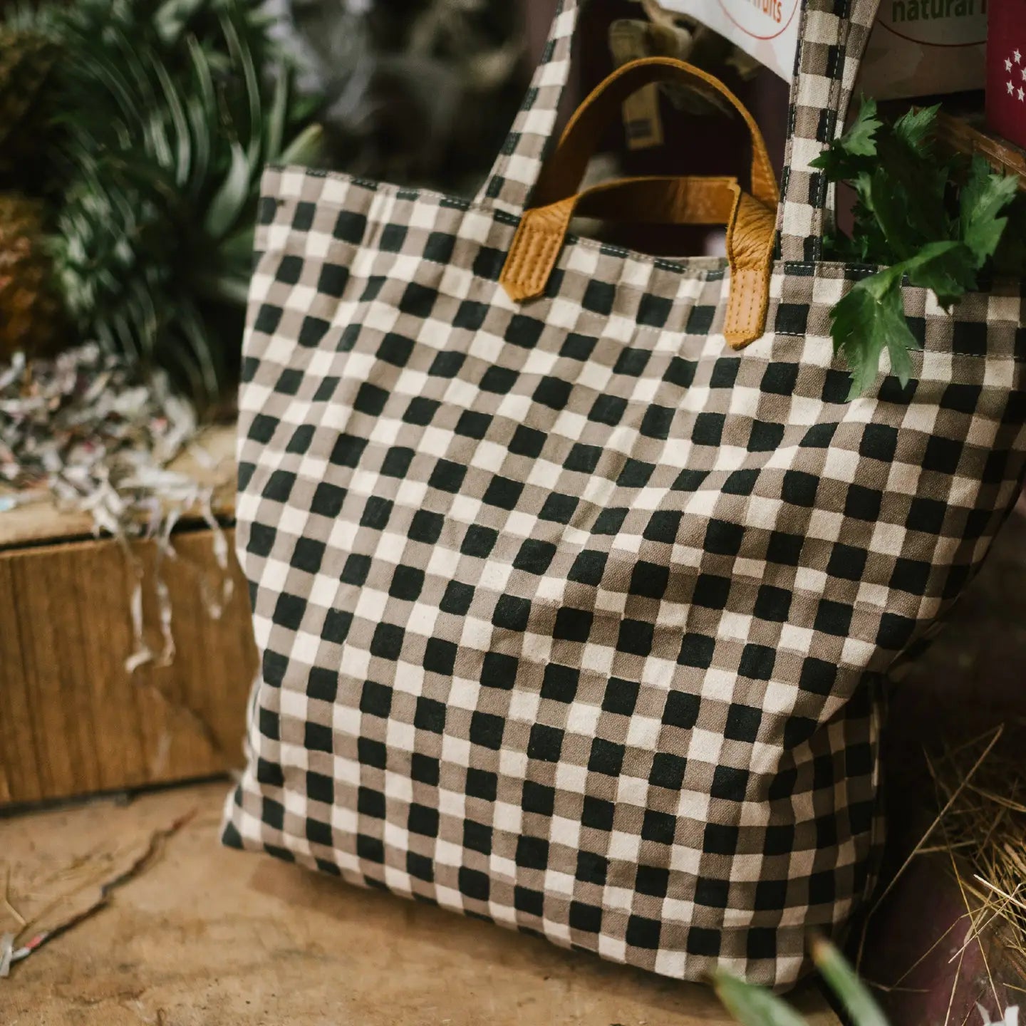 Block Printed Gingham Tote