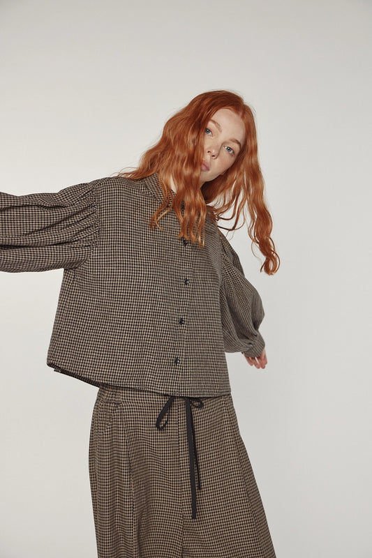 Checkered Volume Sleeve Blouse